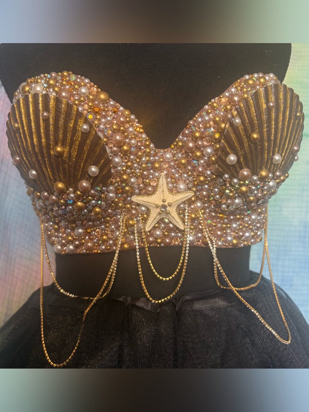 Brown and Gold Pearl-Embellished Mermaid Shell Bra- Women